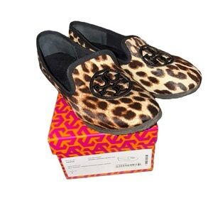 Tory Burch Billy Slipper Printed Hair Calf Patent Leather Leopard Loafers 8